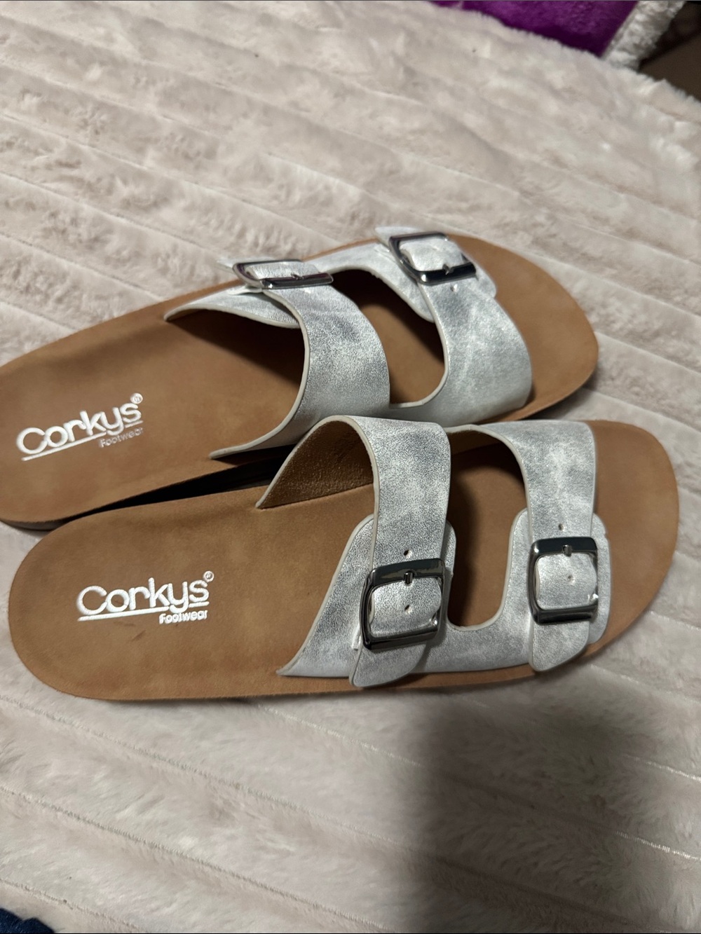 Corkys Metallic Silver Double Buckle Slides